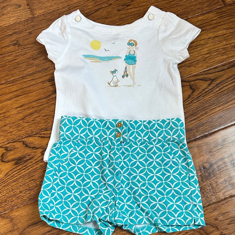 White and Teal Graphic T-Shirt with Patterned Shorts